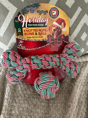 Knotted Rope Bone & Ball Dog Toy - Red/Green/White